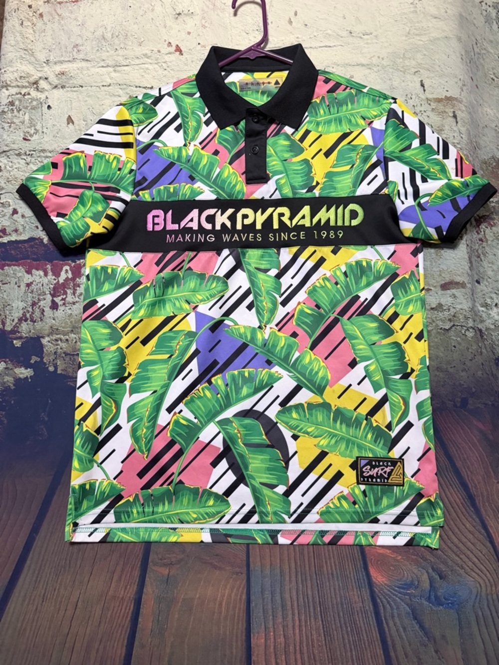 Black Pyramid Tropical Leaf Polo - Green, Pink, Yellow, Purple, Black